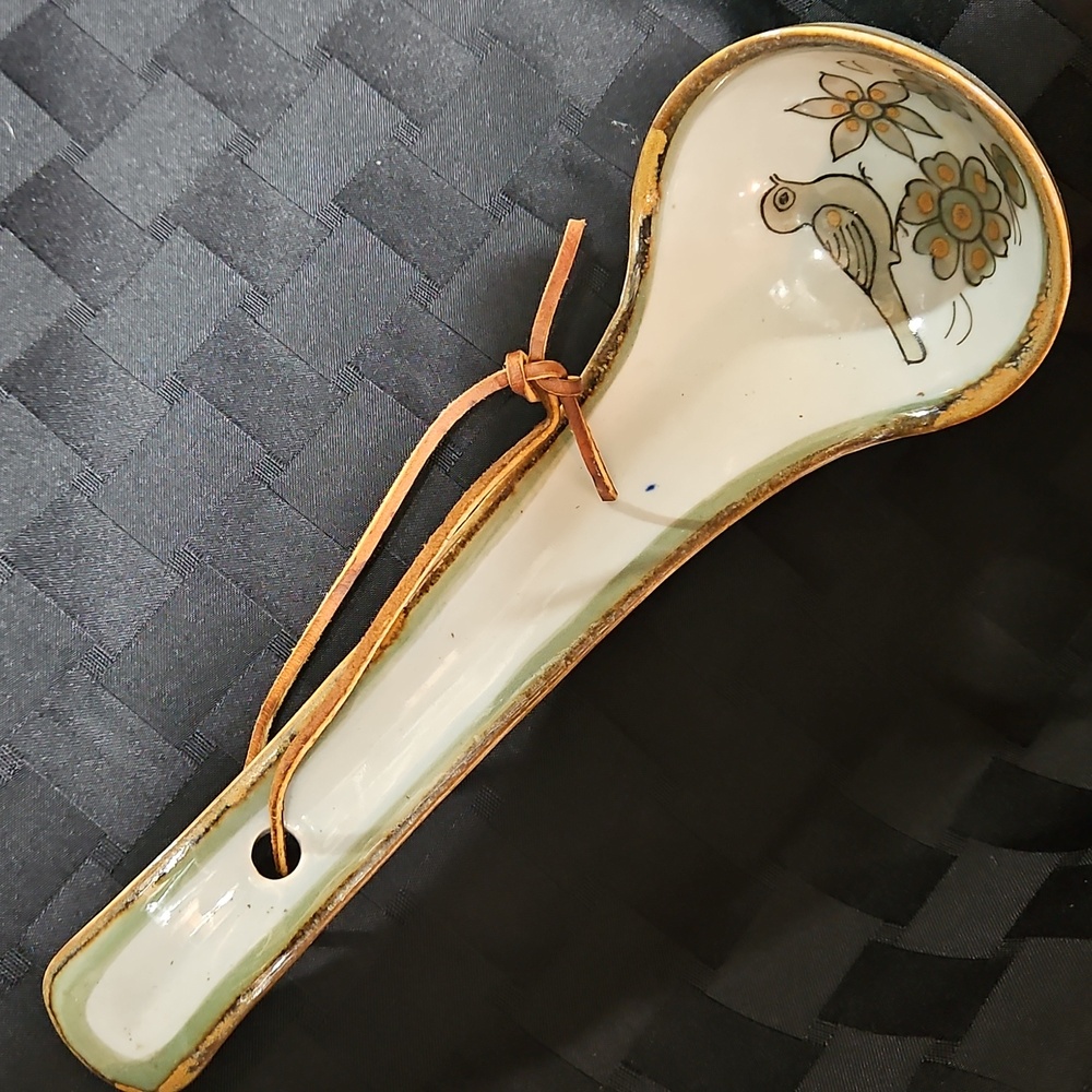 Ken Edwards' El Palomar, Tonala Ceramic Ladle with Leather Tie Hanger Signed